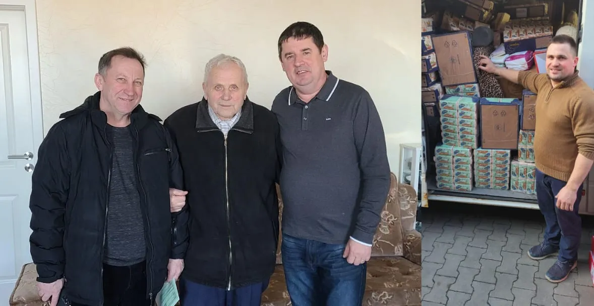 Viktor delivering $8,500 of aid to the Gloria mission in Sarny, which sends vans of food to eastern Ukraine daily and returns with refugees.
